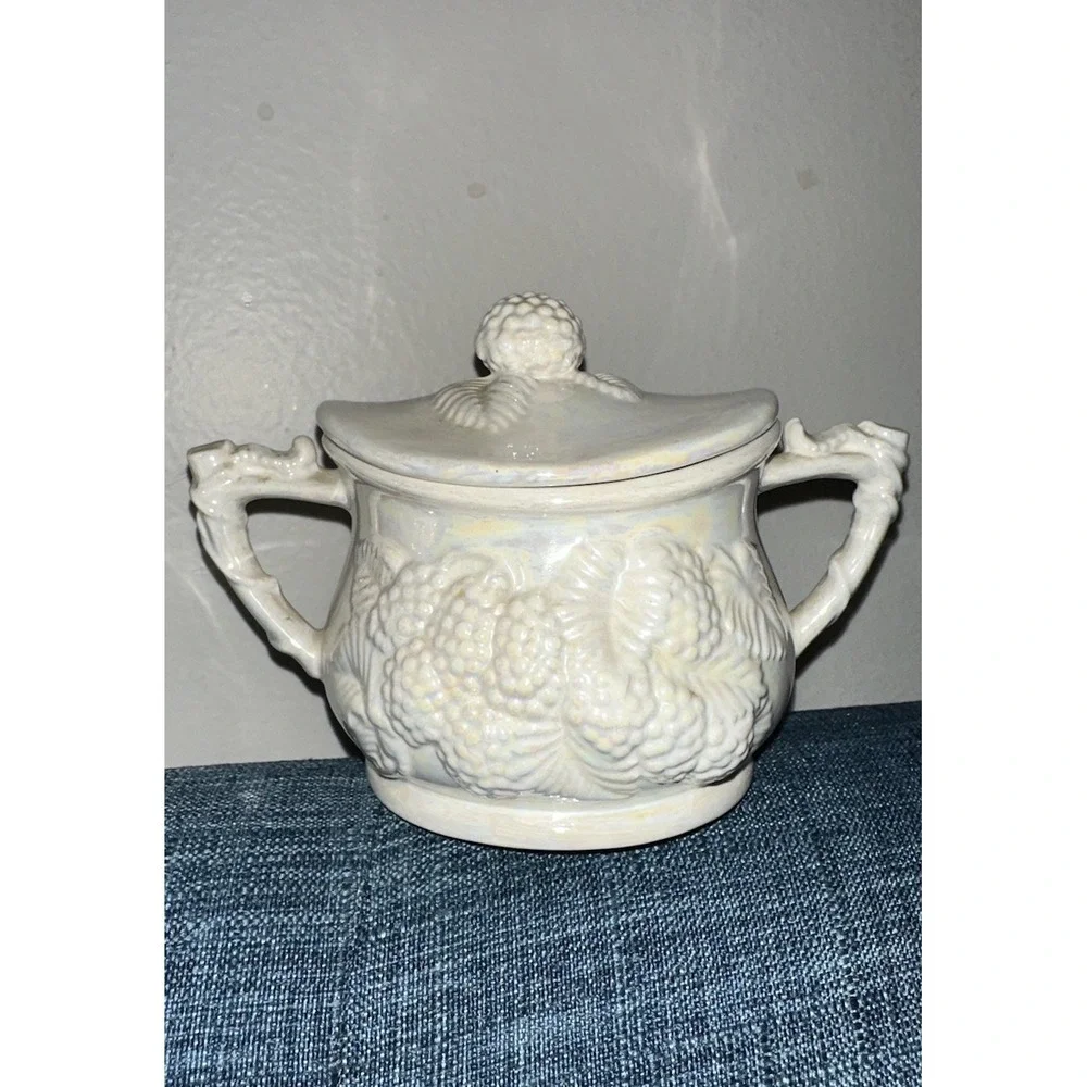 Vintage Blackberry Relief Creamer & Covered Sugar Bowl Parian Style White Lustre